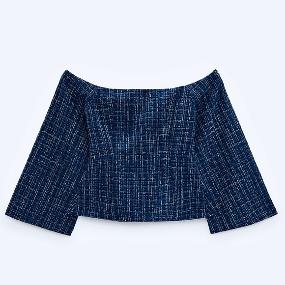 Zara NWT tweed off the shoulder peplum top - blue & black textured blouse - Picture 7 of 16